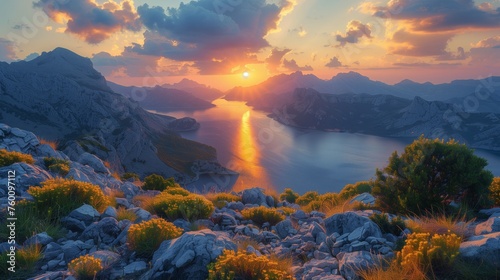 Sunset Over Mountain Lake