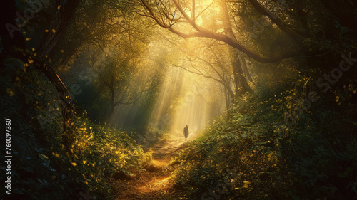 Person walking along the path in enchanted summer forest filled with light. Mysterious, magical landscape with golden sunlight. Spiritual experience, energy of nature.