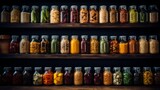 Spice jars filled with various colorful spices and herbs neatly arrayed on dark wooden shelves, creating a visually appealing display