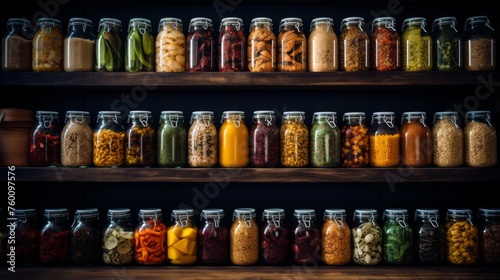 Spice jars filled with various colorful spices and herbs neatly arrayed on dark wooden shelves, creating a visually appealing display photo