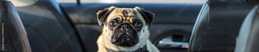 Pug dog sitting between car seats looking forward, pet safety and travel concept.