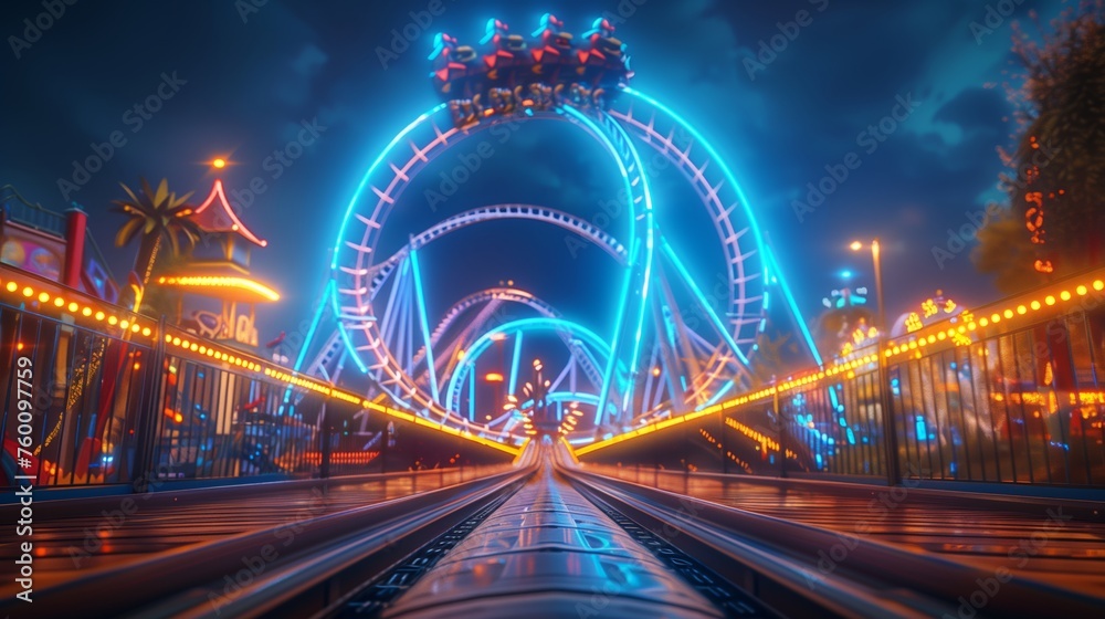 Brightly Lit Roller Coaster at Night - obrazy, fototapety, plakaty 