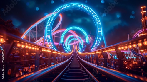 Brightly Lit Roller Coaster at Night © MIKHAIL