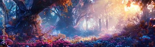 Immerse in the mystical allure of a vibrant fantasy forest photo
