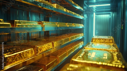 Stacks of gold bars in a secure vault. Close-up perspective with selective focus. Wealth management and investment concept.