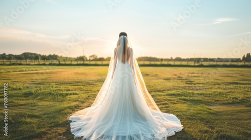 Rear view of a bride wearing an elegant wedding dress and veil, standing in a field at golden hour photo