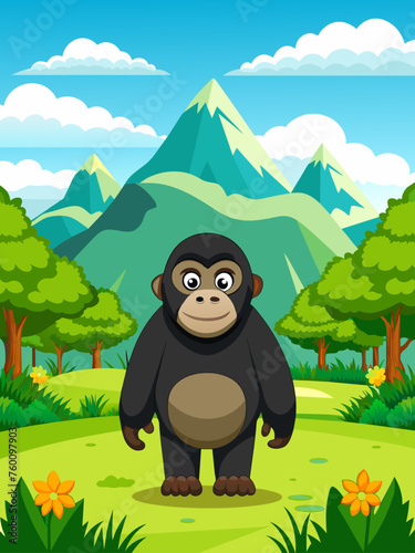 A mighty gorilla stoically gazes out at a lush and verdant landscape.