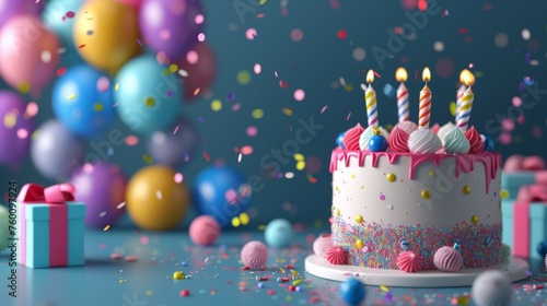 Close-up image of a delightful birthday cake surrounded by colorful balloons and falling confetti