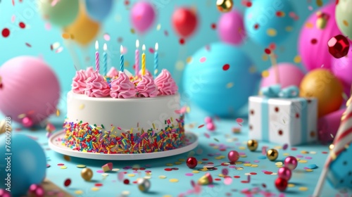 A beautifully decorated birthday cake with pastel pink icing and colorful sprinkles, complemented by balloons and party paraphernalia in a soft-hued setting