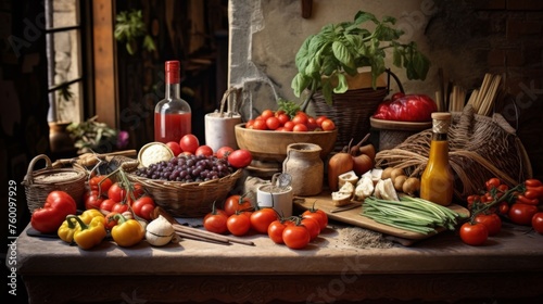 An Italian feast is spread out on a rustic wooden table illuminated by natural light, featuring bread, wine, cheese, and fresh vegetables, evoking warmth and abundance