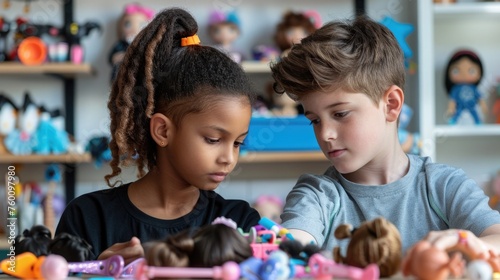 A boy teaching a girl how to style a doll's hair, both sitting at a table filled with hair accessories and dolls