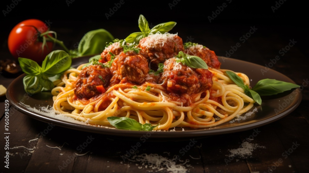 Classic spaghetti with meatballs, garnished with basil and parmesan in a moody setting Classic spaghetti with meatballs, garnished with basil and parmesan in a moody setting