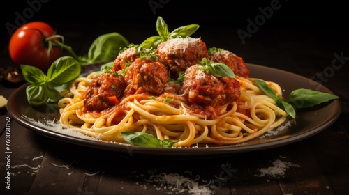 Classic spaghetti with meatballs, garnished with basil and parmesan in a moody setting