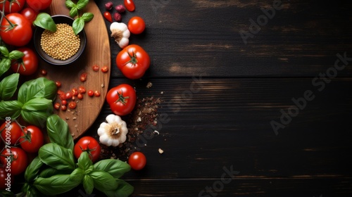 Flat lay of fresh produce and spices on a dark wooden table, ideal for gourmet cooking and recipes