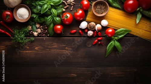 Various fresh herbs, vegetables, and pasta arranged beautifully on a rustic wooden table