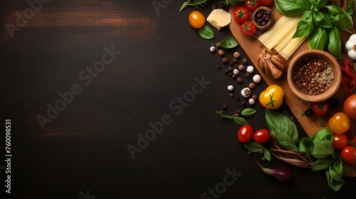 Overhead shot of Italian cooking staples displayed around a central chopping board on dark wood
