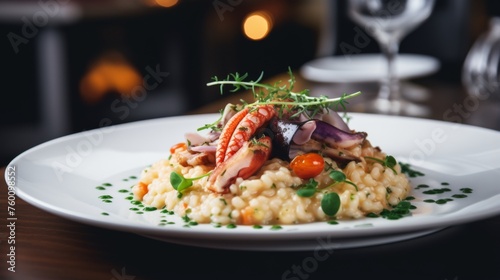 Sophisticated serving of octopus risotto mixed with fresh vegetables, artistically presented on a plate