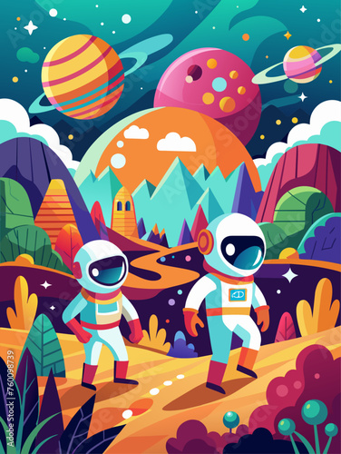 Astronauts float through space in front of a vibrant, distant planet.