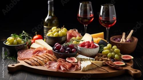 A refined presentation of wine glasses beside a wooden board loaded with a selection of gourmet snacks and cheeses