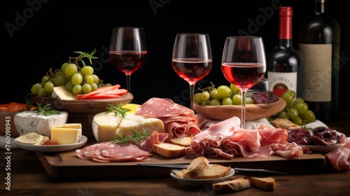A sophisticated display of select cured meats, fine cheeses, and red wine exuding upscale dining pleasure
