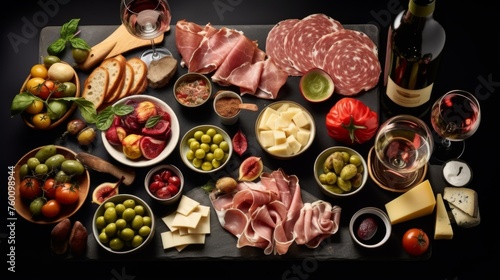 Top-down shot showcasing a spread of assorted meats, cheeses, wine bottles and fresh produce