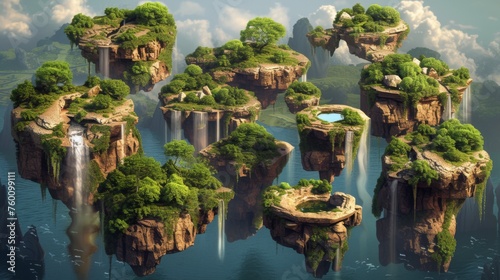 This artwork captures a fantasy setting where majestic floating islands with trees and waterfalls bask in soft, warm daylight © Gia