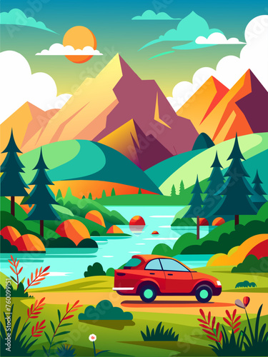 Tranquil vector landscape background with serene mountains  flowing rivers  and lush greenery.