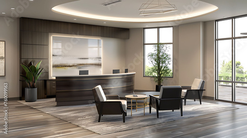 Modern executive office design featuring a reception area with a curved desk, comfortable seating, and accent tables © Wardx