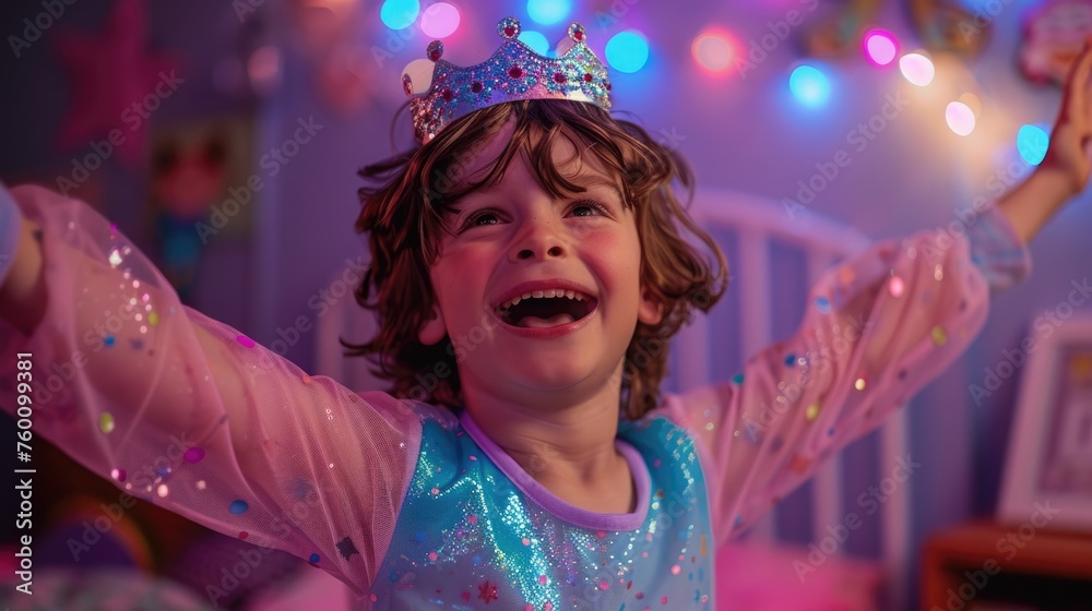 A boy in a vibrant princess costume, complete with a tiara and wand, dancing joyfully in his room