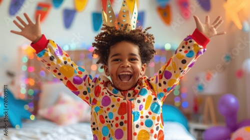 A boy in a vibrant princess costume, complete with a tiara and wand, dancing joyfully in his room