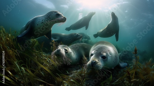 Underwater Photography of a Group of Seals Gracefully Swimming Among Sunlit Seaweed