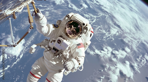Astronaut using mobile phone in space. Caucasian  astronaut using her mobile phone during spacewalk near planet Earth, messaging, taking pictures. Ai generated image