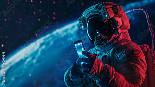 Astronaut using mobile phone in space. Caucasian astronaut using her mobile phone during spacewalk near planet Earth, messaging, taking pictures. Ai generated image