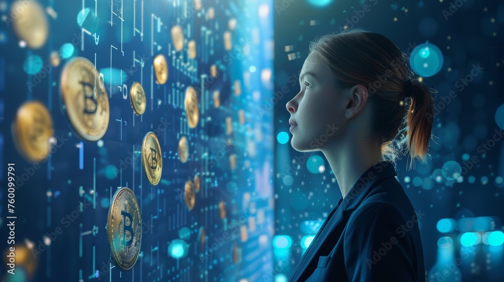 Young woman looking at falling Bitcoin coins, digital currency and blockchain technology concept.