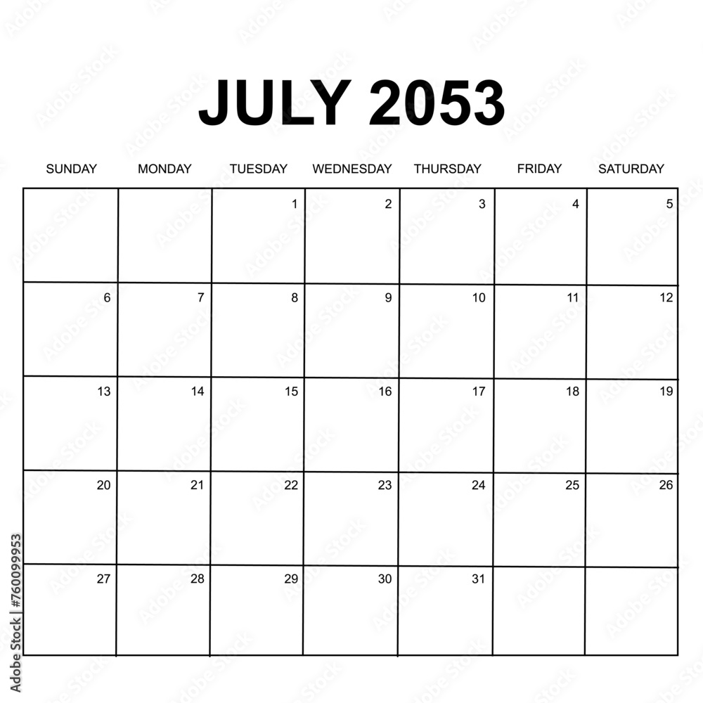 july 2053. monthly calendar design. week starts on sunday. printable, simple, and clean vector design isolated on white background. - obrazy, fototapety, plakaty 