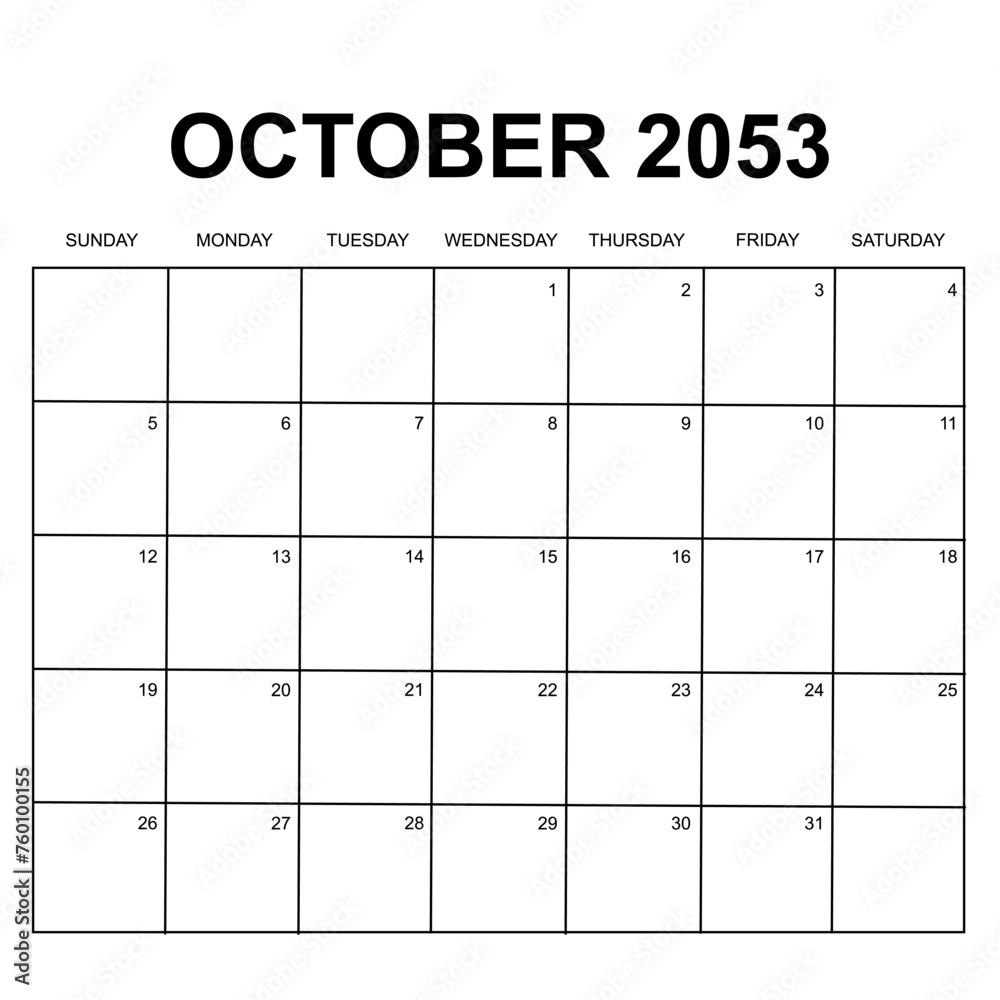 october 2053. monthly calendar design. week starts on sunday. printable, simple, and clean vector design isolated on white background. - obrazy, fototapety, plakaty 