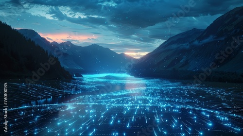 Digital landscape with glowing network grid on a mountain lake at dusk. Concept of data connectivity and digital transformation.