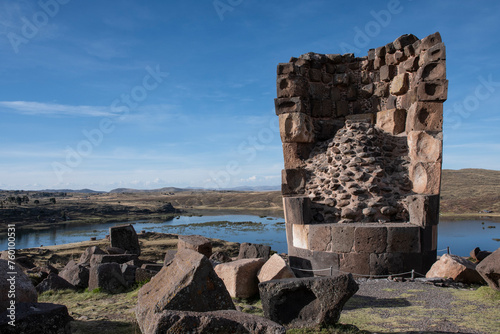 Chullpa (funeral tower) at Sillustani Cemetery, Hatuncolla, Puno Region, Peru. photo