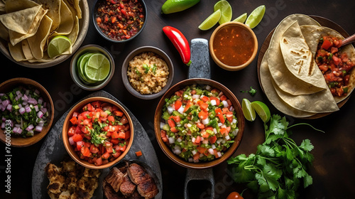 Mexican food background. Tacos, guacamole, pico de gallo photo