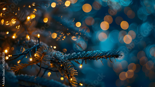 Illumination des fêtes : guirlande de Noël avec lumières bokeh sur fond bleu foncé - Capturer la magie des décorations festives photo
