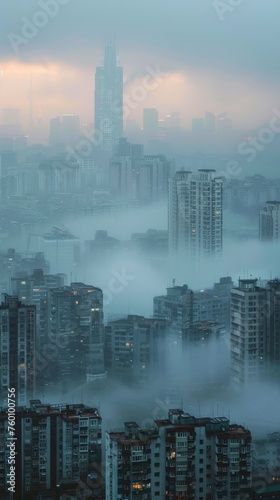 A bustling city skyline under the shadow of PM 2.5 smog tall buildings peeking through a greyish veil
