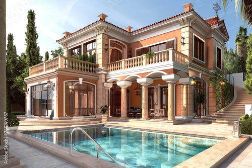 Breathtaking front view of an architectural marvel a?" a 3D-rendered residence with an elegant terrace and a gleaming swimming pool, featuring a sophisticated color scheme.