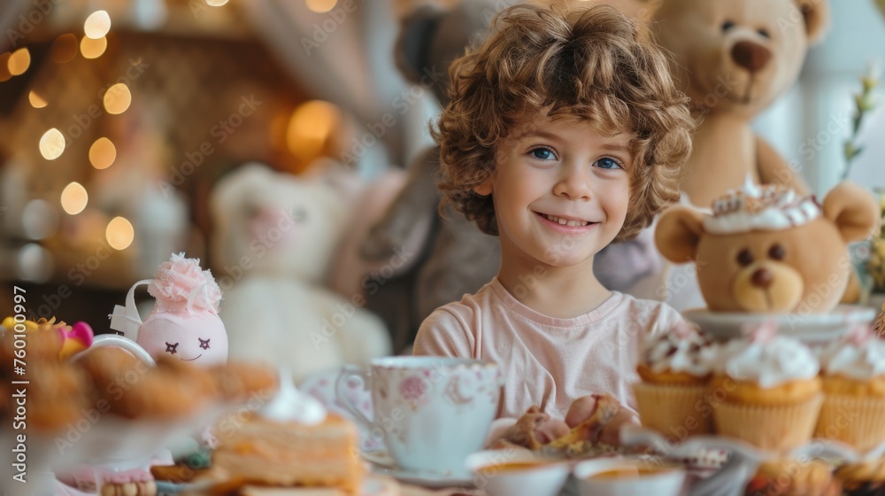 A boy hosting a tea party for his stuffed animals and action figures, serving tea and cakes with a smile A boy hosting a tea party for his stuffed animals and action figures, serving tea and cakes with a smile