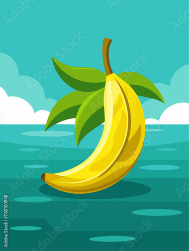 A banana rests next to a glass of water against a solid background.