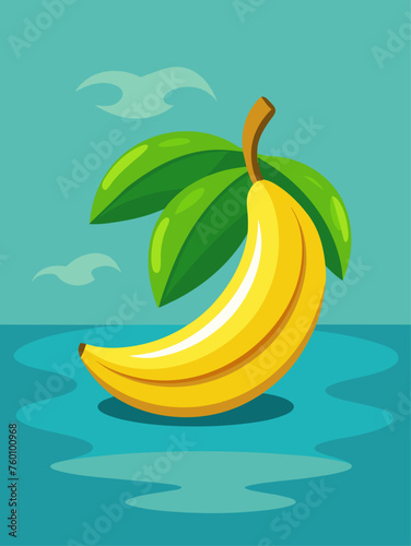 A banana rests next to a glass of water against a solid background.