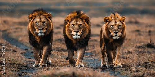 Three magnificent lions roam the savannah in search of prey as a group. Concept Wildlife Photography, African Safari, Lion Hunting Behavior, Predator Prey Interaction, Savannah Ecosystem