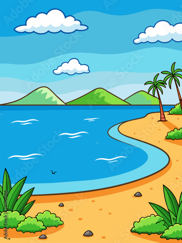 Beach vector water landscape background depicts a serene ocean view with gentle waves crashing onto a sandy beach.