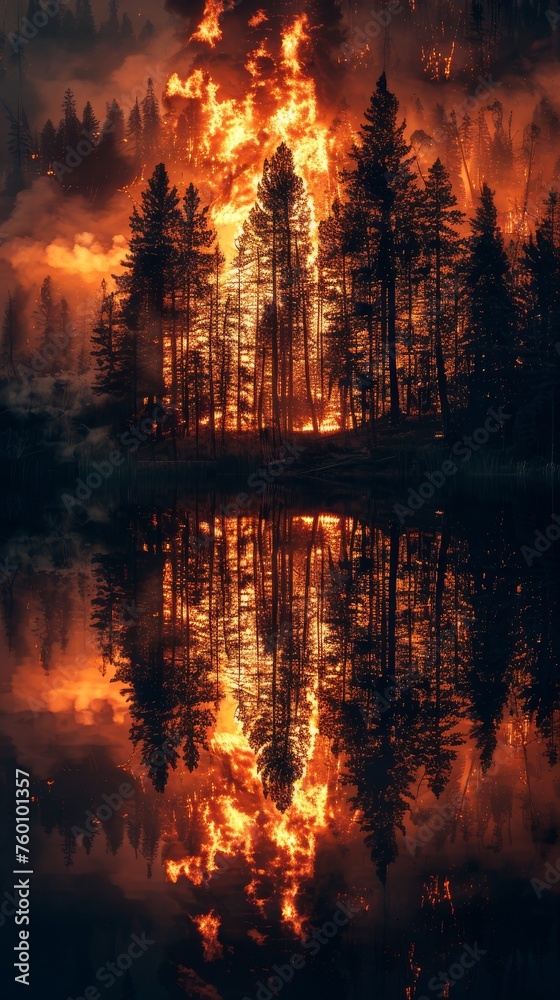 A forest fire reflected in a nearby lake creating a dual image of destruction and reflection A forest fire reflected in a nearby lake creating a dual image of destruction and reflection