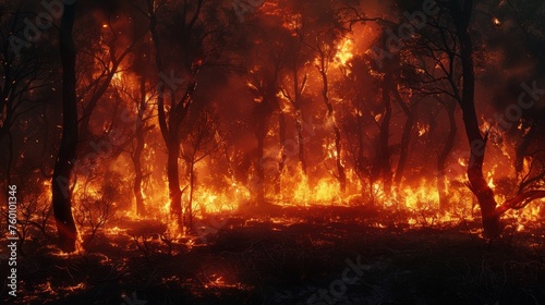 A forest fire at night the flames illuminating the darkness