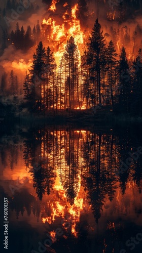 A forest fire reflected in a nearby lake creating a dual image of destruction and reflection